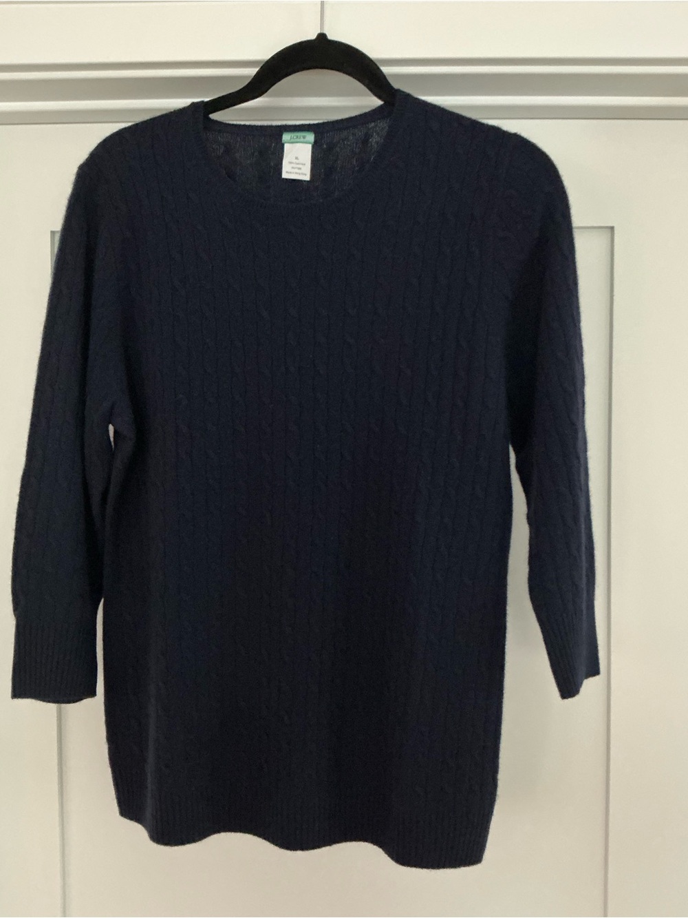 J. Crew Navy Cashmere 3/4 Sleeve Cable-Knit Crewneck Sweater Size XL